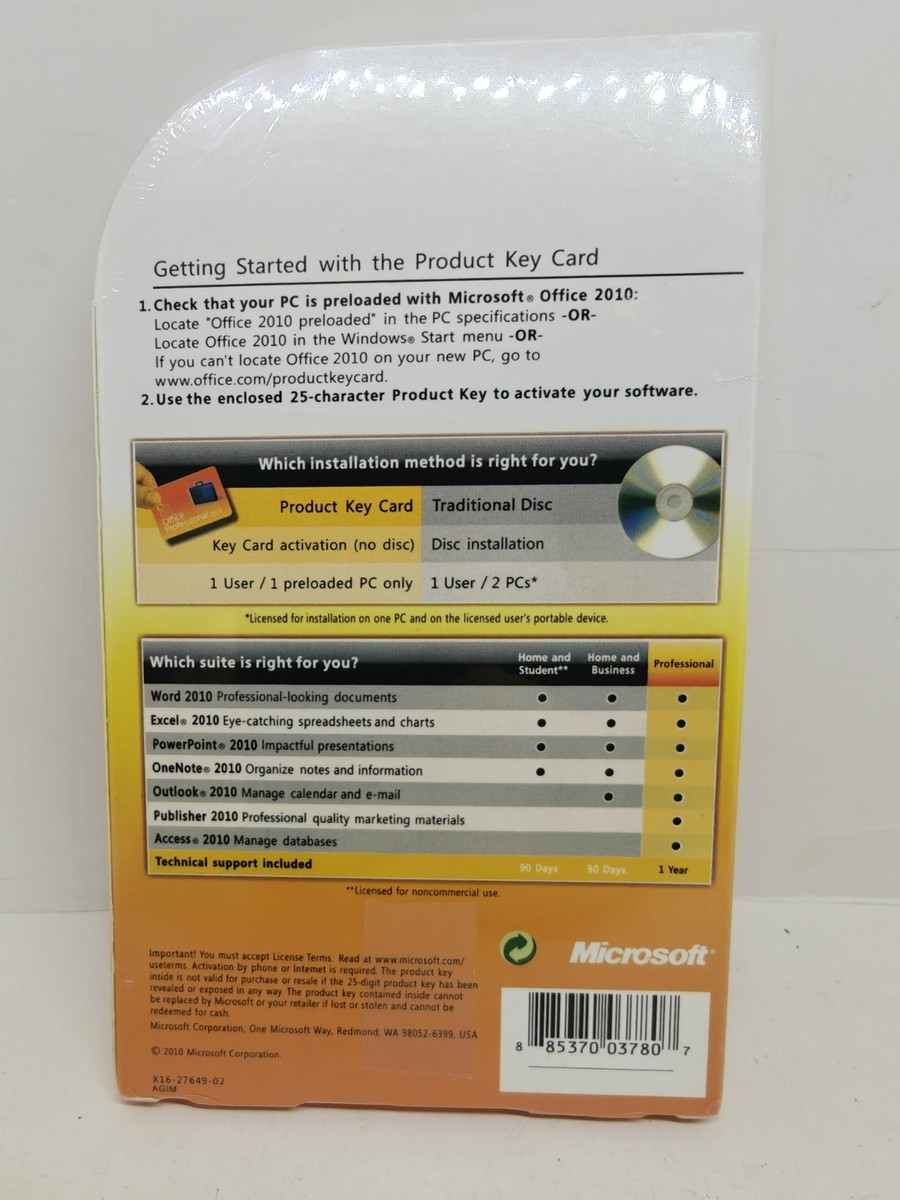 Microsoft Office Professional 2010 Product Key Card, Full Brand