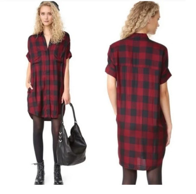 Madewell Short Sleeve Shirt Dress Red Black Courier Buffalo Check Plaid Pocket S