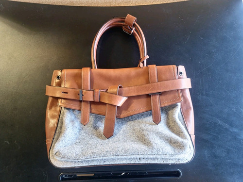 Reed Krakoff Boxer Tote Gray Wool Saddle Brown Leather Top Handle Travel bag