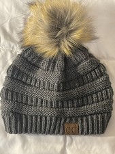 C.C. Stretch Grey Cable Knit Ribbed Super Soft Faux Fur Pom Pom Beanie Hat