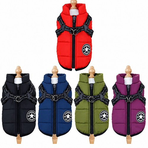 Dog Coat Waterproof With Harness Jacket Raincoat Winter Zip Coats Pet Hole Warm