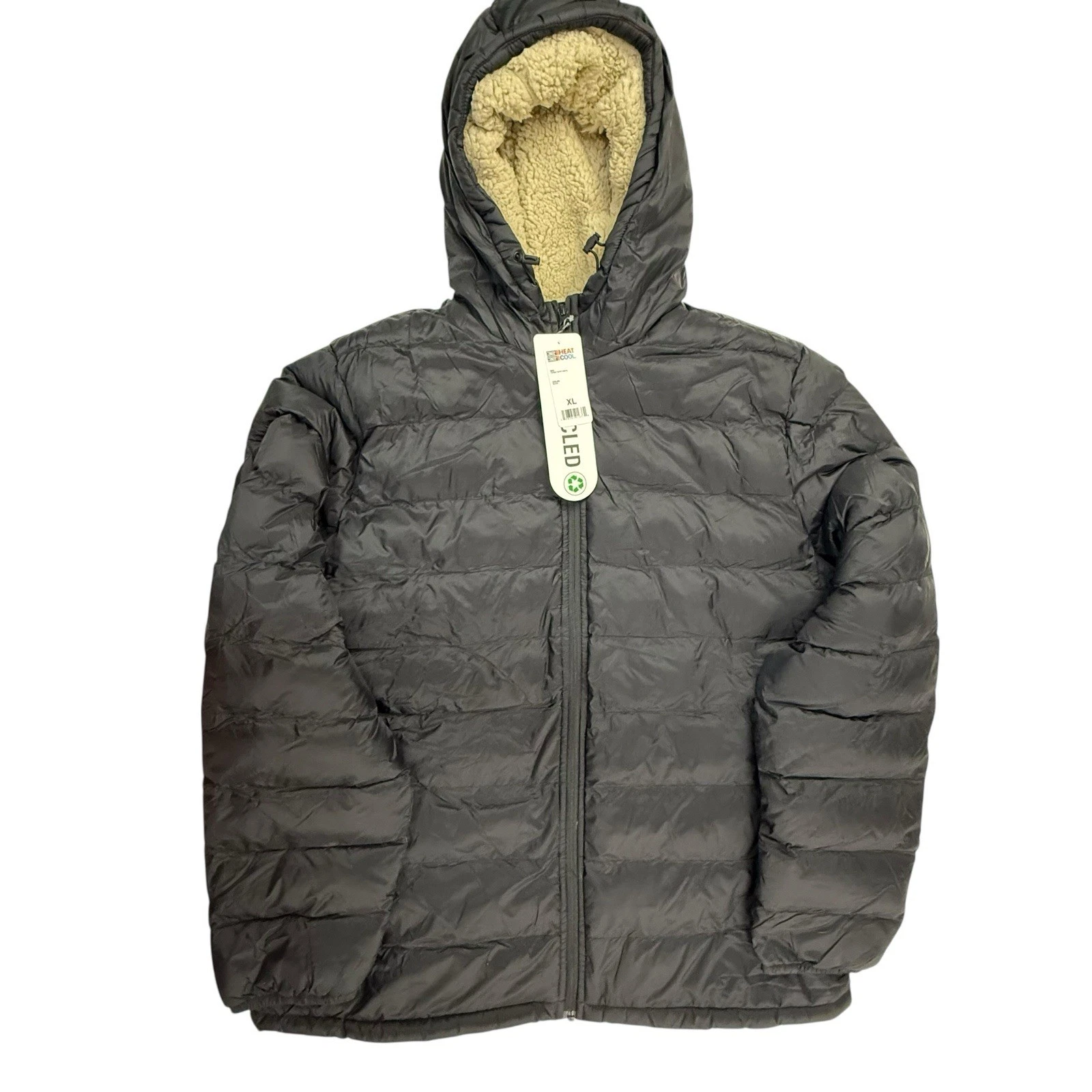 NEW 32 Degrees Heat Sherpa Lined Puffer Jacket Men XL Hooded Black Cloudfill