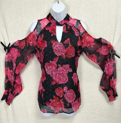 Sosandar Damen Cold Shoulder Bluse Größe 8 Schwarz Pink Blumenmuster Drehausschnitt Transparent
