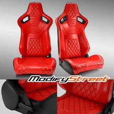 2 x RECLINABLE RED DIAMOND LEATHER REAR BLACK CARBON FIBER RACING CAR SEATS