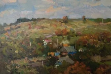Oil painting Village Ukrainian painter Canvas Unframed Decor original landscape