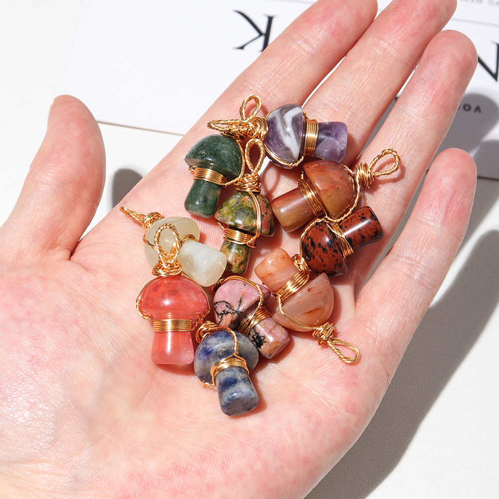 Natural Crystal Mushroom Pendant Wire Wrapped Stone Chain Necklace Healing  Gift