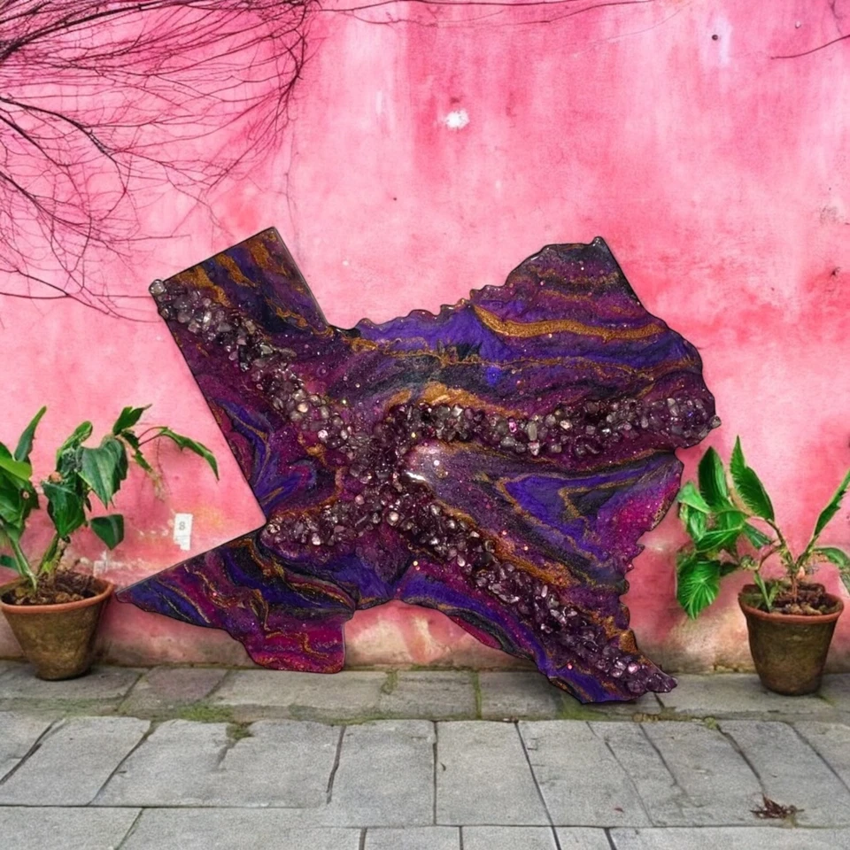 Colgante de Pared Regalo Estado TEXAS ORO PÚRPURA 17" L 18" con Arte Original Firmado Nuevo Foto 2 de 4