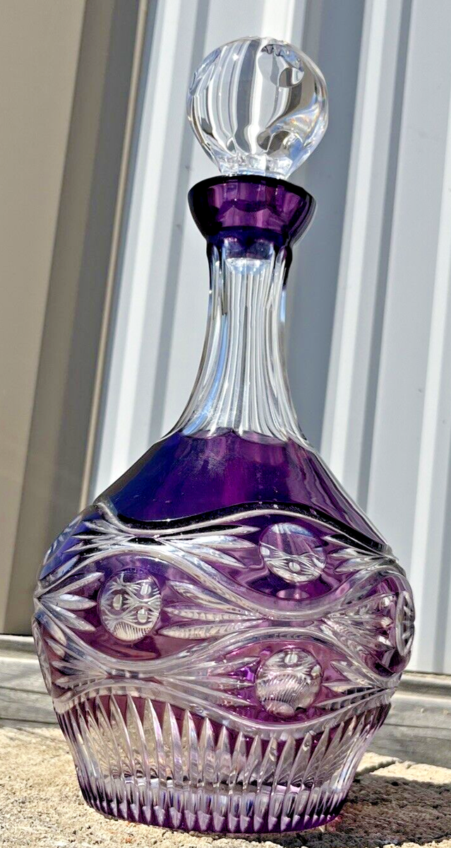 Vintage CRYSTAL SPIRIT DECANTER 12” Bohemian Czech Hand Cut Purple