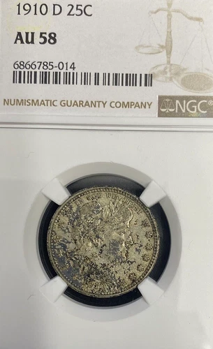 NGC AU-58! 1910-D BARBER QUARTER