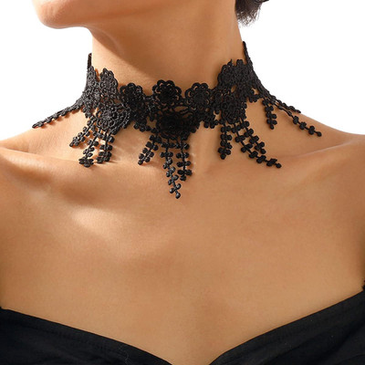 Gothic Lace Flower Choker Necklace Wide Short Collar Necklace Black White Braide