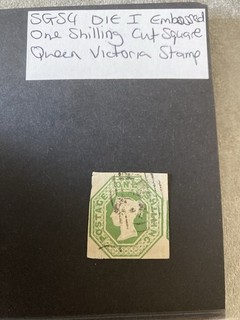 SG54 Die 1 Embassed One Shilling Cut Square Queen Victoria Stamp (1109)