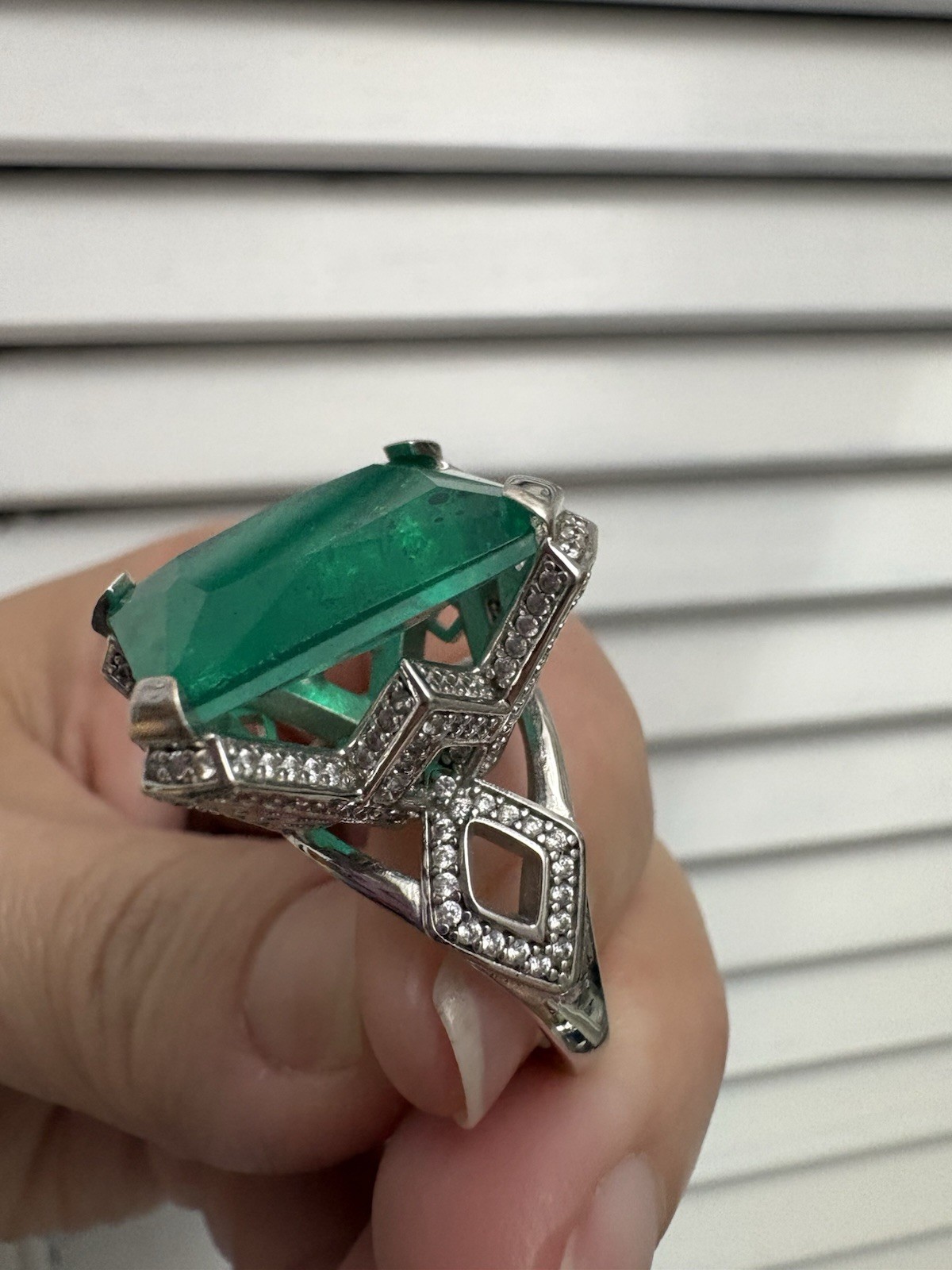 Sterling Silver Emerald Green Statement Ring Sz 7… - image 5