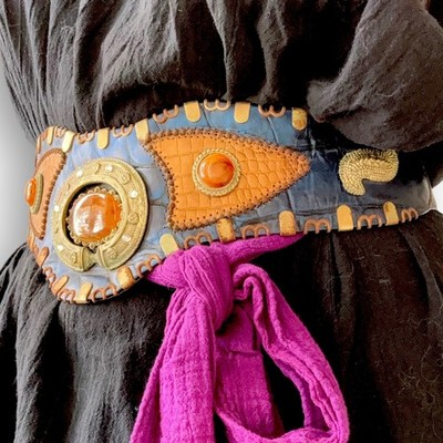 Nina Arjani Leatherock 1990s Wide Cinch Belt Blue Croc Cabochon Boho Renaissance