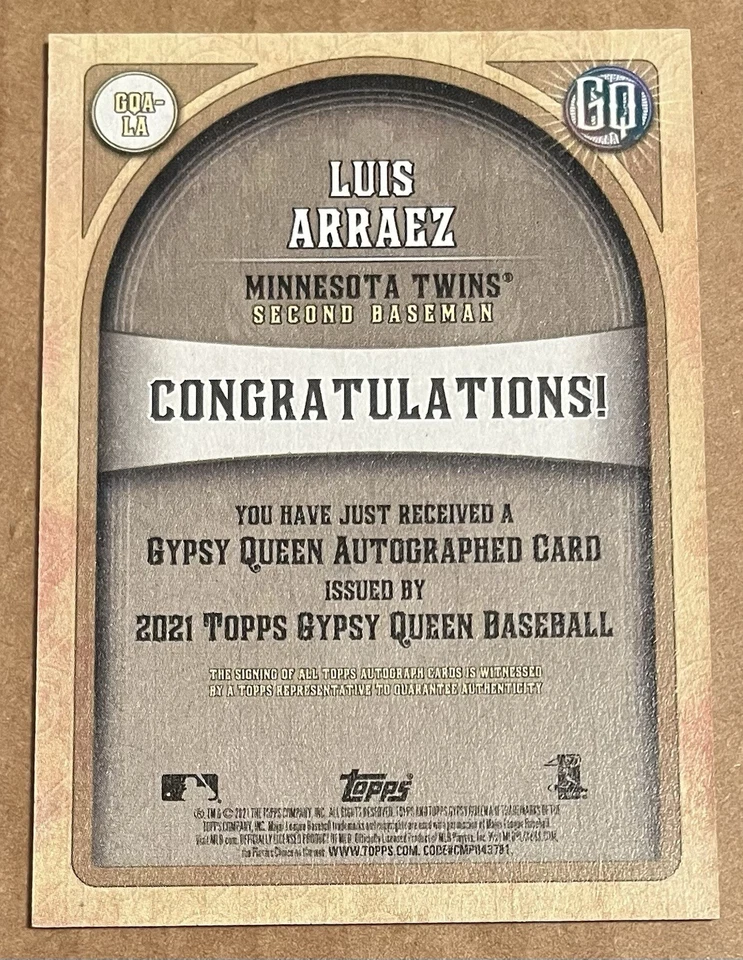 2021 Topps Gypsy Queen Luis Arraez On Card Auto Padres SP - Image 2 of 2