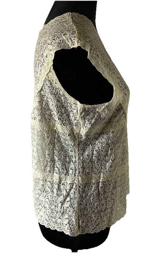 Sexy Camiseta sin Mangas Nine & Company De Colección Nine West Crema Encaje Volantes Cuello en V Transparente XL Y2K Foto 4 de 4