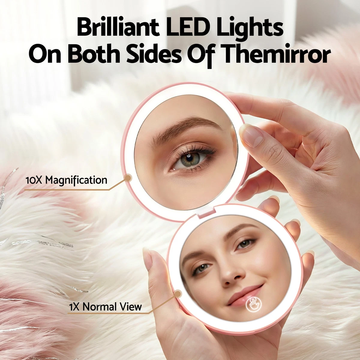 Embellir LED Compact Mirror Pocket-Sized Travel 1x 10x Magnification Round Pink