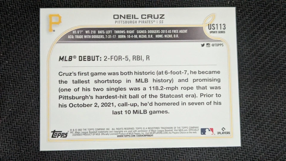 2022 Topps Update Series Oneil Cruz Rookie Debut RC US113 Pittsburgh Pirates - Image 2 of 2