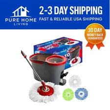 Ultimate Spin Mop Cleaning Set: 3 Microfiber Heads & Extendable Pole - Red/Black