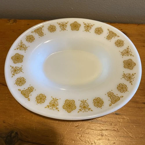 Vintage 70s Corning Glass Pyrex Butterfly Gold Oval Gravy Boat Under Plate 77-U