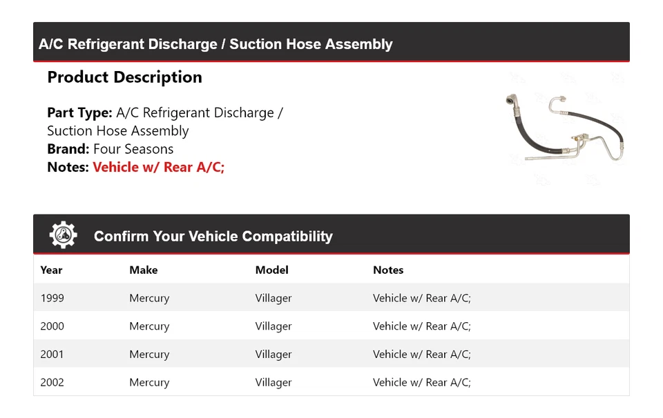 Шланг всасывающий разрядный для 1999-02 Mercury Villager комплект 4 сезона 20 - Изображение 2 из 4