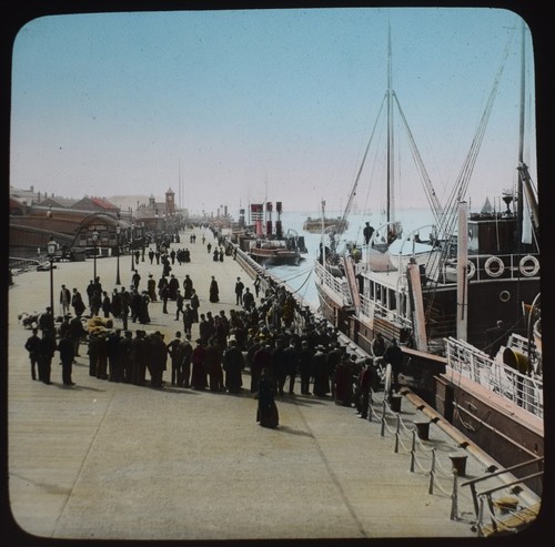 Photo LIVERPOOL LANDING STAGE BOUND FOR ISLE OF MAN Magic Lantern Slide C1890