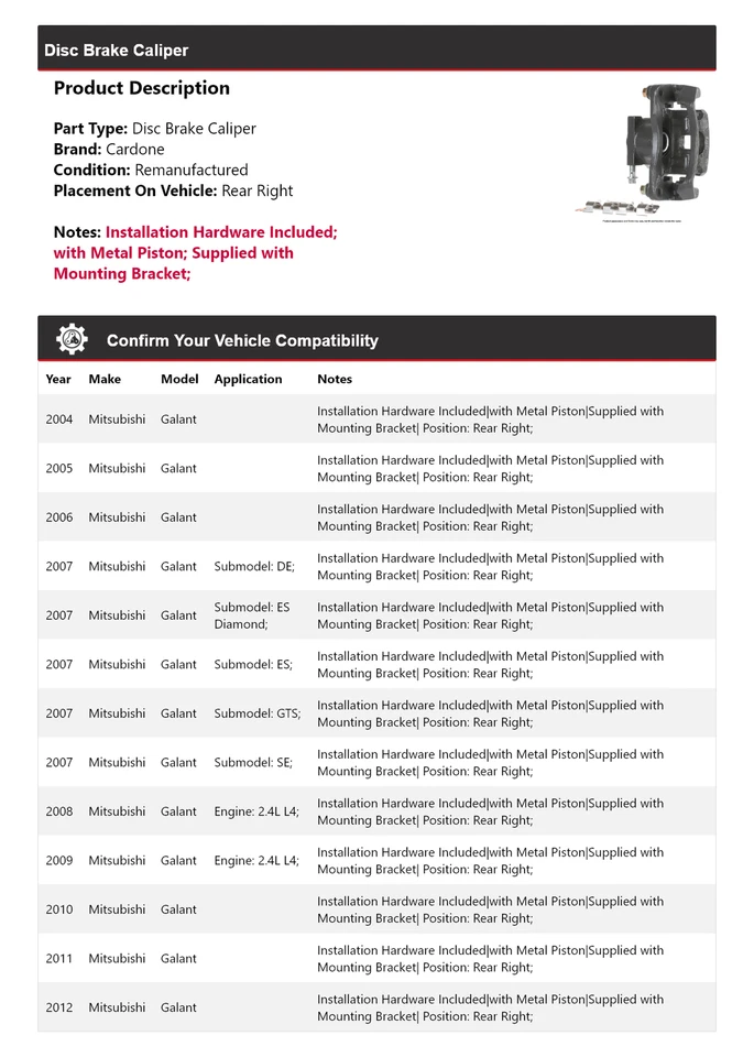 Pinza de freno de disco trasera derecha cardone 2005 2006 para Mitsubishi Galant 2004-2012 Foto 2 de 4