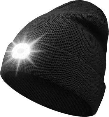 Beanie with Light, Tyep-C Rechargeable LED Hat Best Gifts for Men Women Black