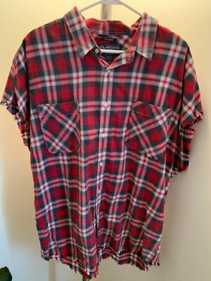 Men's American Rag Button Down Red Plaid Frayed Cotton Short Sleeve Shirt XL