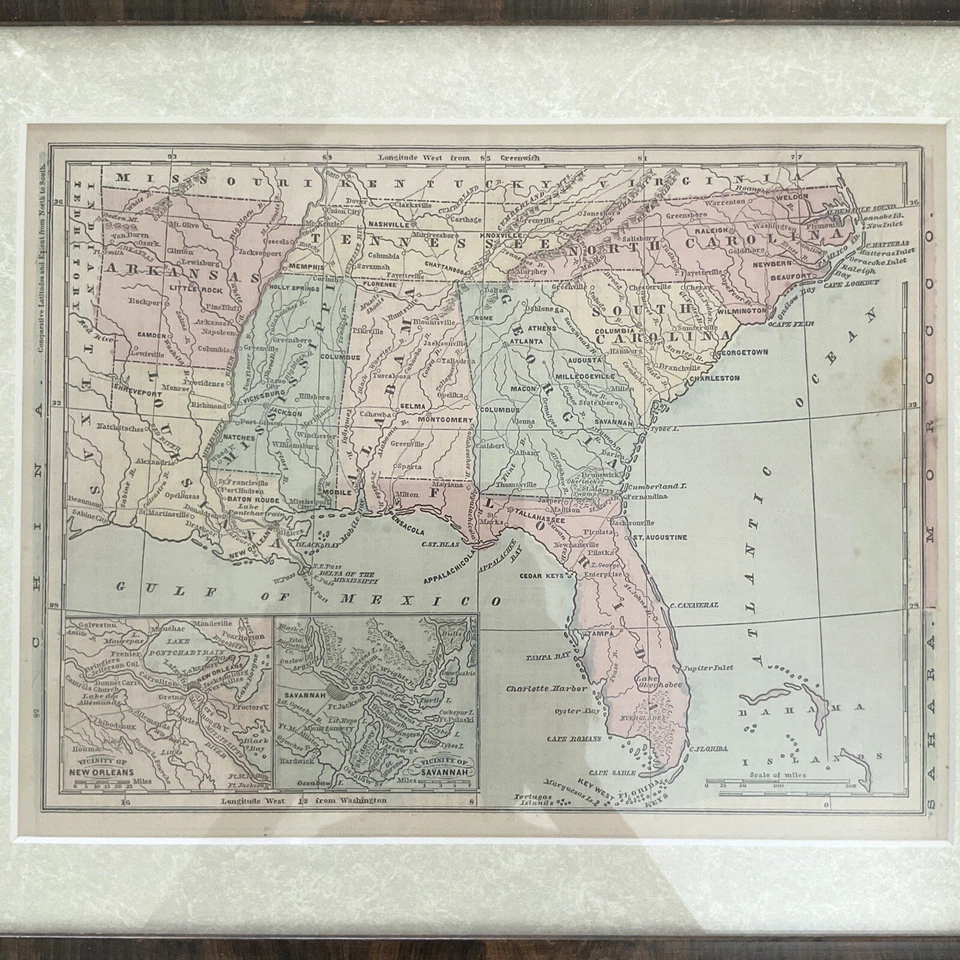 Mapa original antiguo enmarcado "Mapa de los estados del sur", alrededor de la década de 1880 Foto 2 de 4