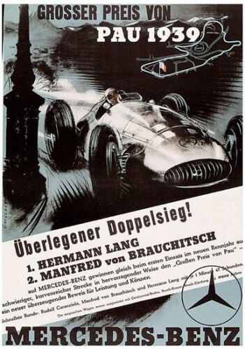 Vintage 1939 Mercedes Benz Pau Grand Prix Motor Racing Poster  A3 Print - Afbeelding 1 van 1