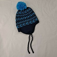 Toddler Beanie Hat winter Blue Pom Pom Knit With Tie Strings baby infant