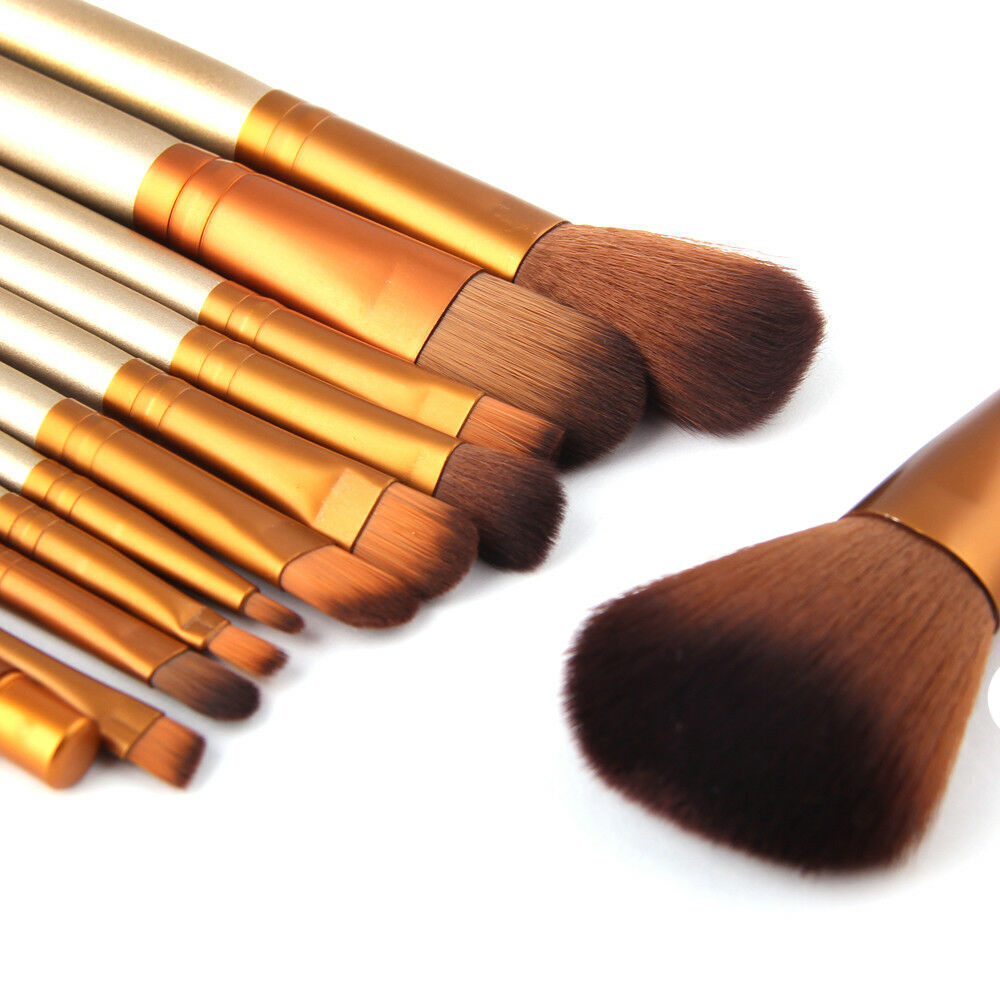 12Pcs Make Up Brushes Tool Makeup Foundation Blusher Brown Gold New 100Set Hot
