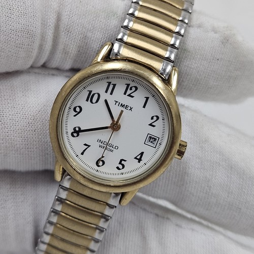Timex Indiglo Ladies 2 Tone Stretch Stainless Steel Date Watch New Batt