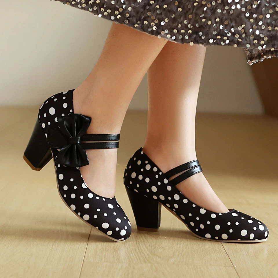 Mujer Bowknot Mid 6.5cm Bloque Tacones Punta Redonda Zapatos Dulce Estilo 34-48 Talla Grande Foto 3 de 4