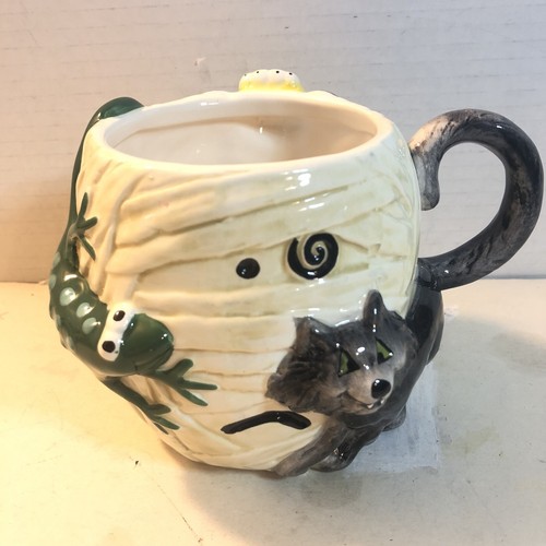 Halloween Mugs Set Of 4 W/ Box Black Cat Ghost Frankenstein Frog Repurpose Decor - Picture 10 of 24