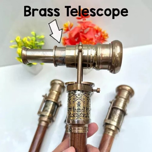 Telescopio de latón vintage superior bastón de madera brújula antiguo regalo padres - Imagen 4 de 13