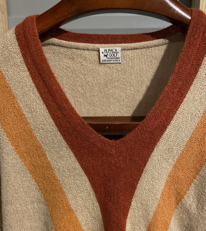 1970s Vintage Mens Alpaca Golf Sweater Size Large Tan orange Yellow V