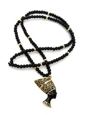NEW EGYPTIAN NEFERTITI, EYE OF HORUS PENDANT &30" WOODEN CHAIN HIP HOP NECKLACE 