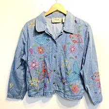 Vintage Tantrums Denim Jacket/shirt Womens Large Floral Butterfly Embroidered