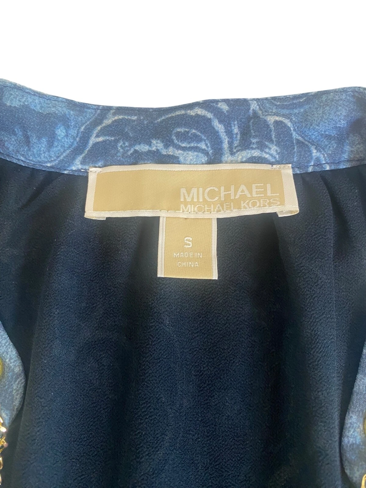 Abito Michael Kors stampato Georgette Peasent S blu manica lunga sopra il ginocchio fluido