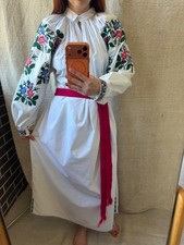 Ukrainian Embroidered Dress Vyshyvanka Puffed Sleeves Floral Motif