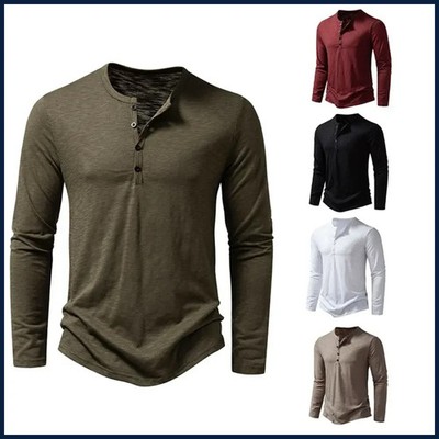 Camiseta Henley hombre algodón manga larga casual color sólido slim