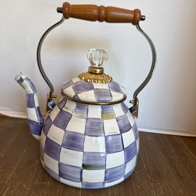 MacKenzie-Childs Royal Check Tea Kettle Blue 2 Quart NEW UNUSED