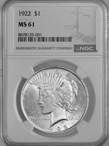 1922-P  $1 PEACE SILVER DOLLAR  "PHILADELPHIA MINT"  NGC MS61 #8678135-001