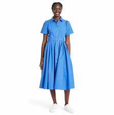 Women’s Alexis Blue Solid Collared Button-Front Pleated Shirt Dress Midi Size 1X