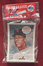 Kellogs 1970 paquete 3D sin abrir 6 tarjetas 2 parches de hierro - varilla Carew en la parte superior - gemelos