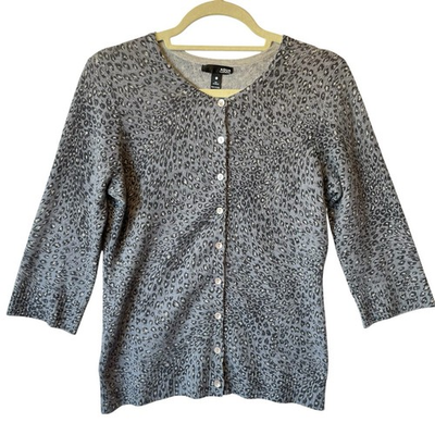 #ad Aqua 100% Cashmere Cardigan Sweater M Gray animal print Button up 3 4 Sleeves $44.95