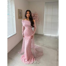 Cathy Pink Off Shoulder Sequin Prom Dresses Mermaid Sheer Sleeves Sweep Train