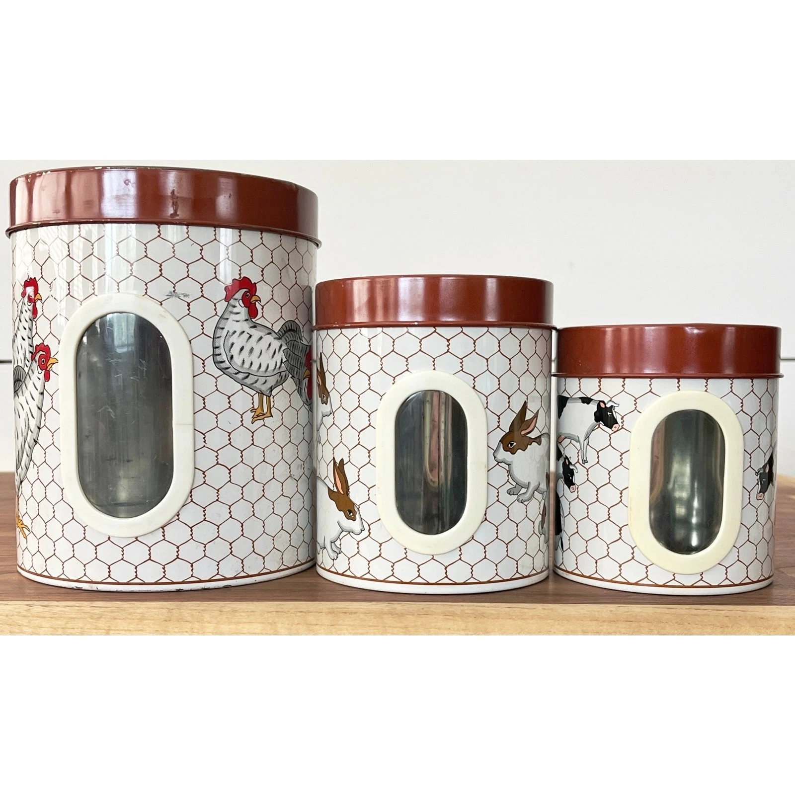 Vintage Takahashi Set of Tin Nesting Farm Animal Canister