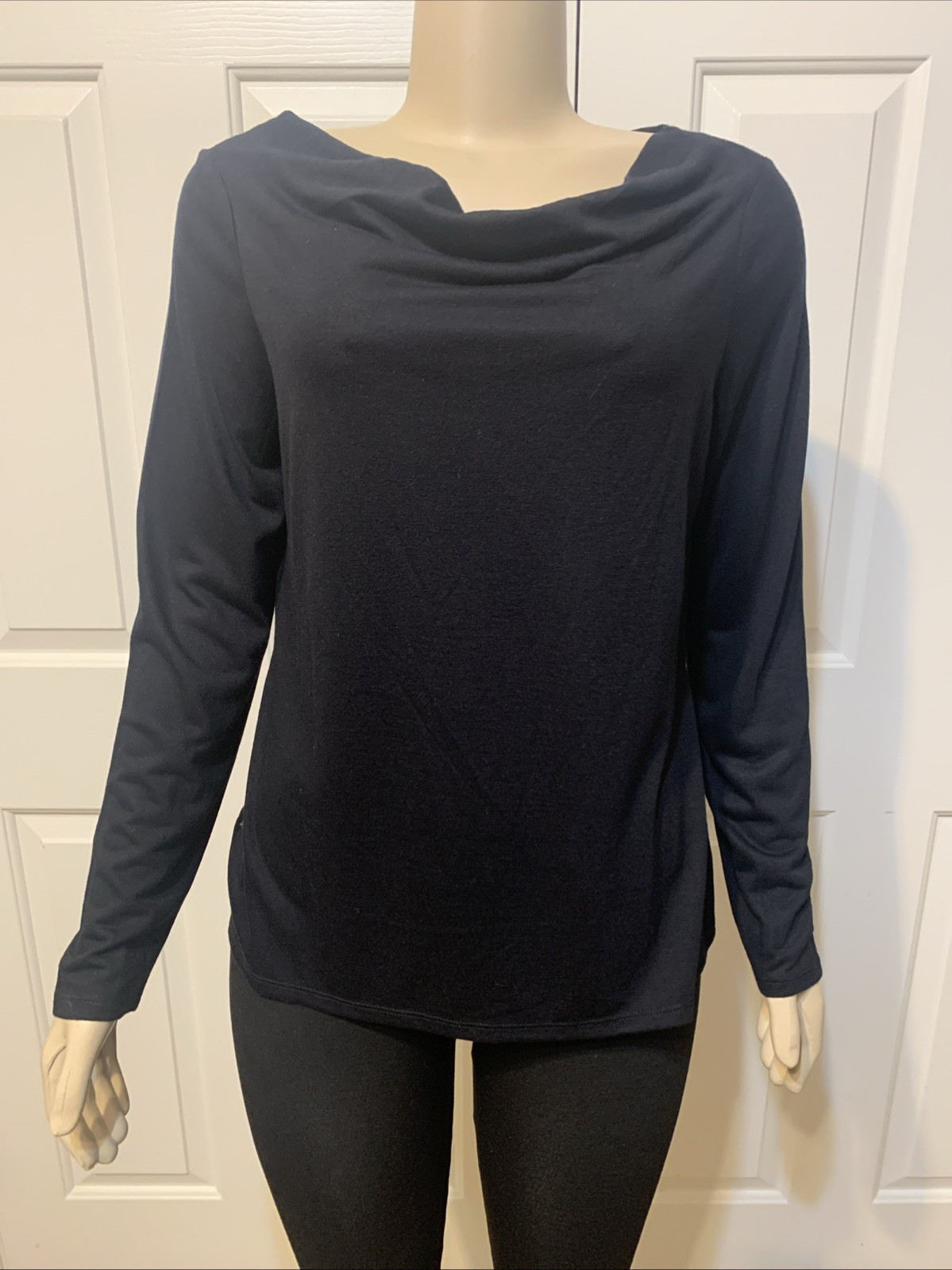 Coldwater Creek Slinky Cowl Neck Knit Top Womens Medium Black Long Sleeved (KA)